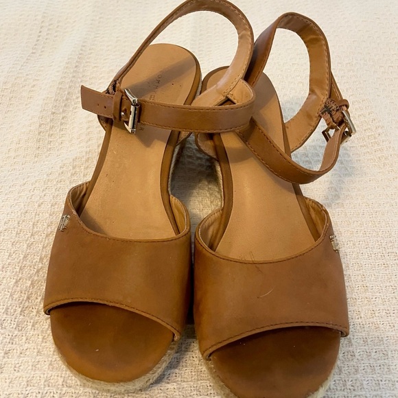 Tommy Hilfiger Tan leather‎ Sandals 6 jute wedge Ankle Strap casual summer - Picture 1 of 9
